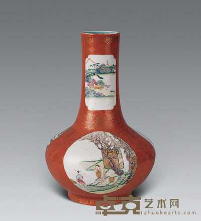 民国 珊瑚红开光粉彩人物扁瓶 高30.5cm